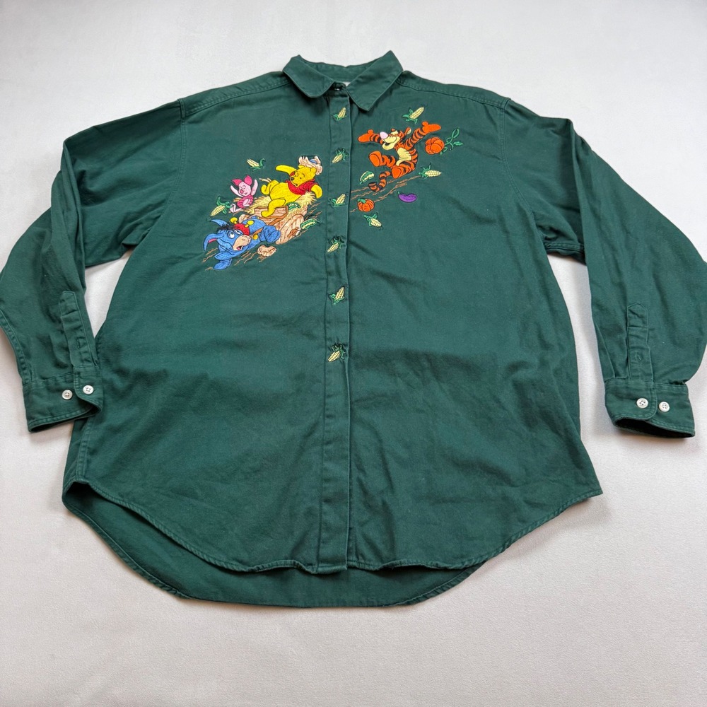 Vintage Disney Store Winnie the Pooh Tigger Embroidered Green Cotton Shirt XL